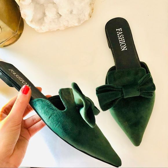 FASHION Emerald Green Velvet Bow Mule Flats Slides - Picture 6 of 9
